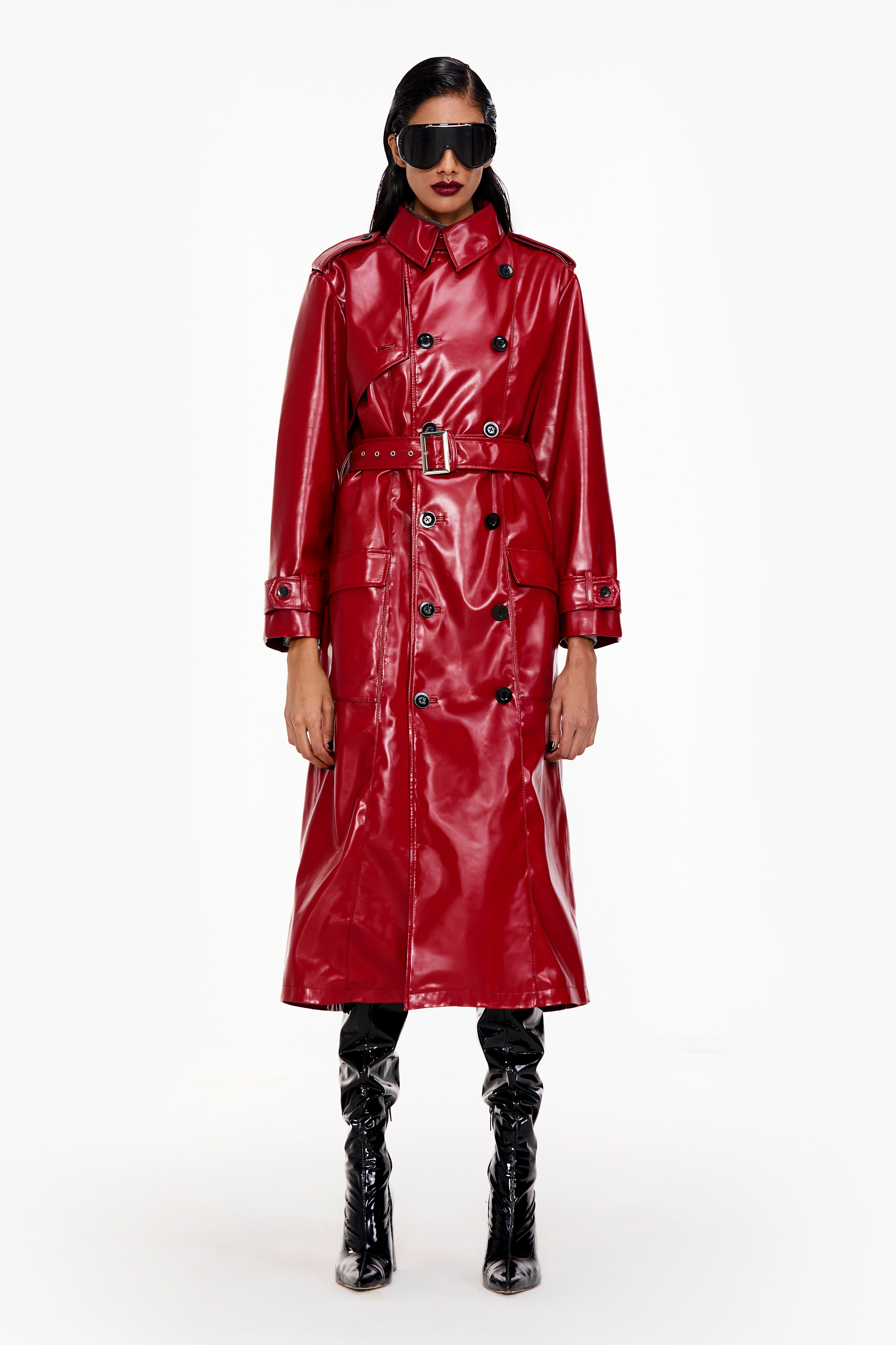 [タグ付き] MASSES RAG COAT レッド　S Dragon Red Faux Leather Trench Coat – Qua