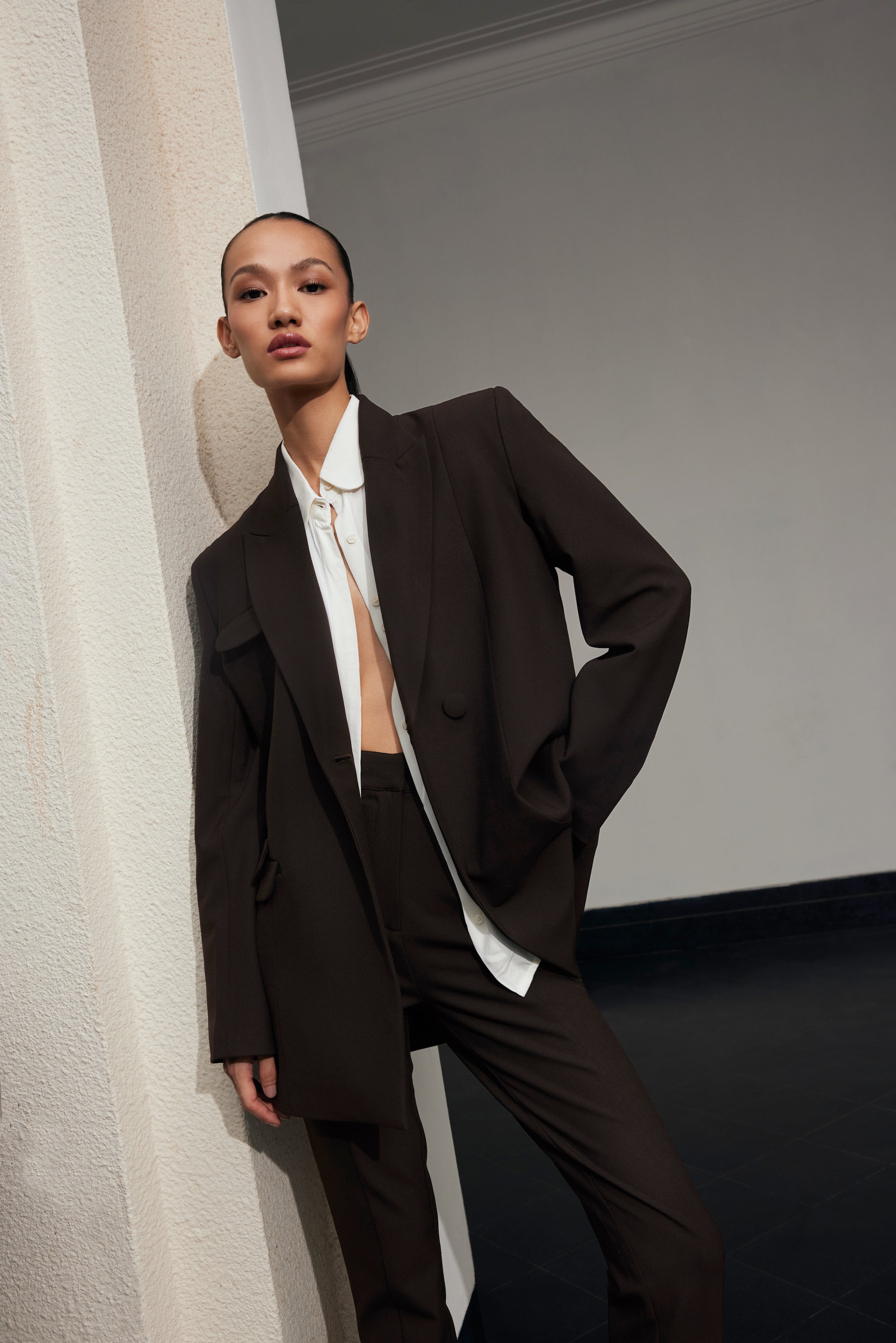 Asymmetrical Double-Breasted Blazer with Structured Fit - Brown main image 1