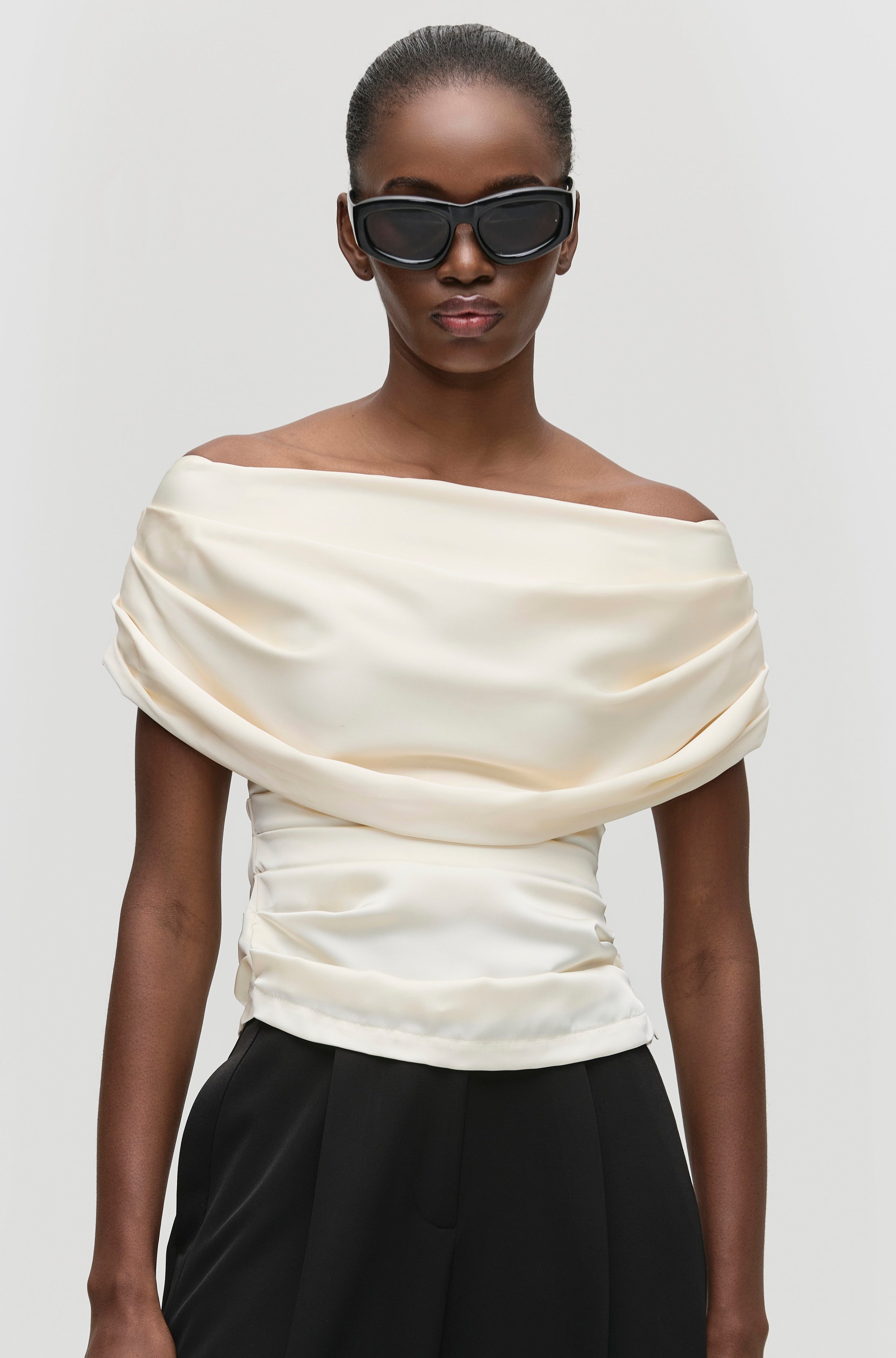 Oat Milk Off White & Cream Draped Off-Shoulder Top – Qua