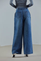 Wide-Leg Pleated Jeans