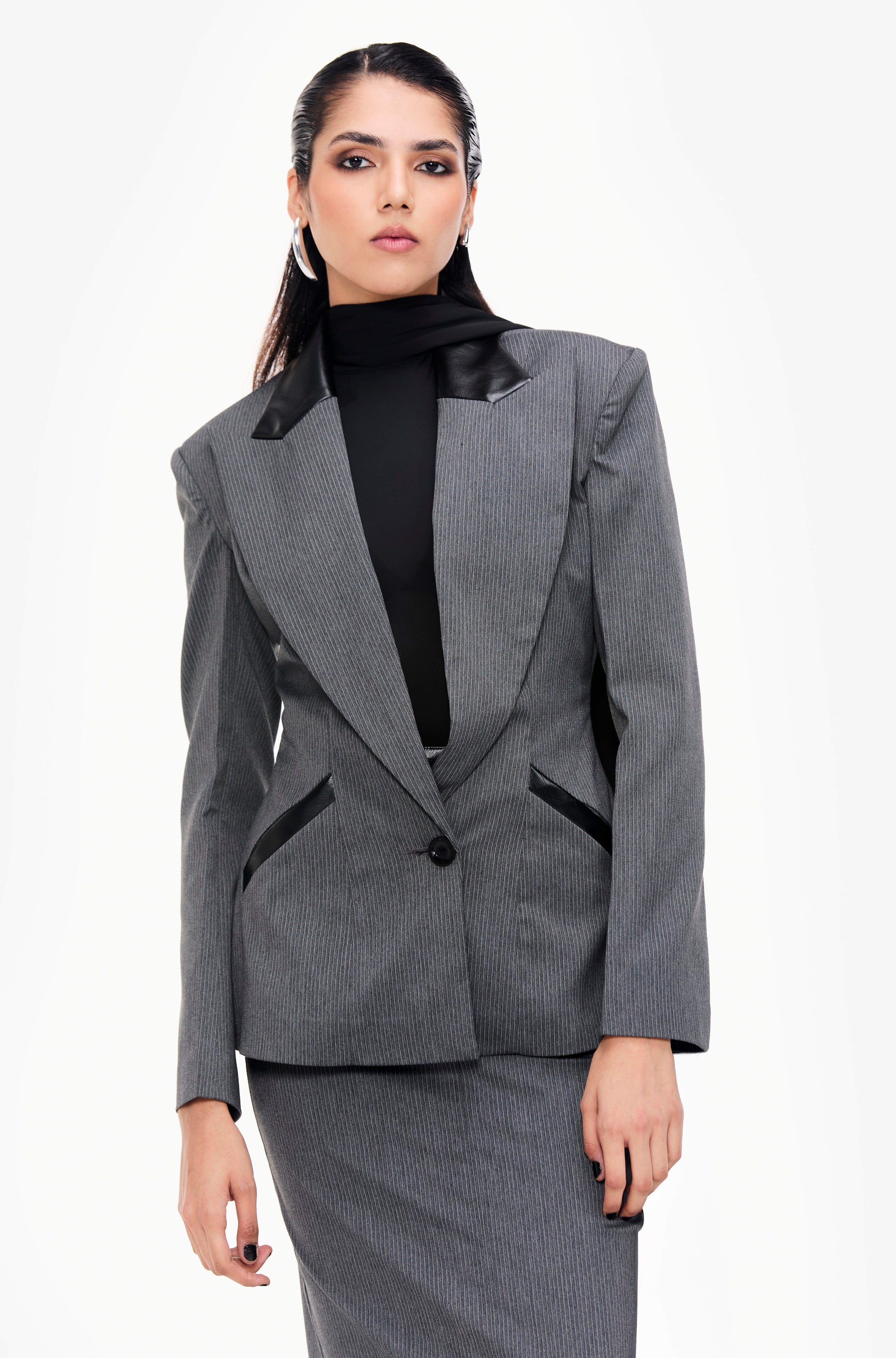 Women's Black Single Breasted Pin stripe Blazer with Contrast Cuff
