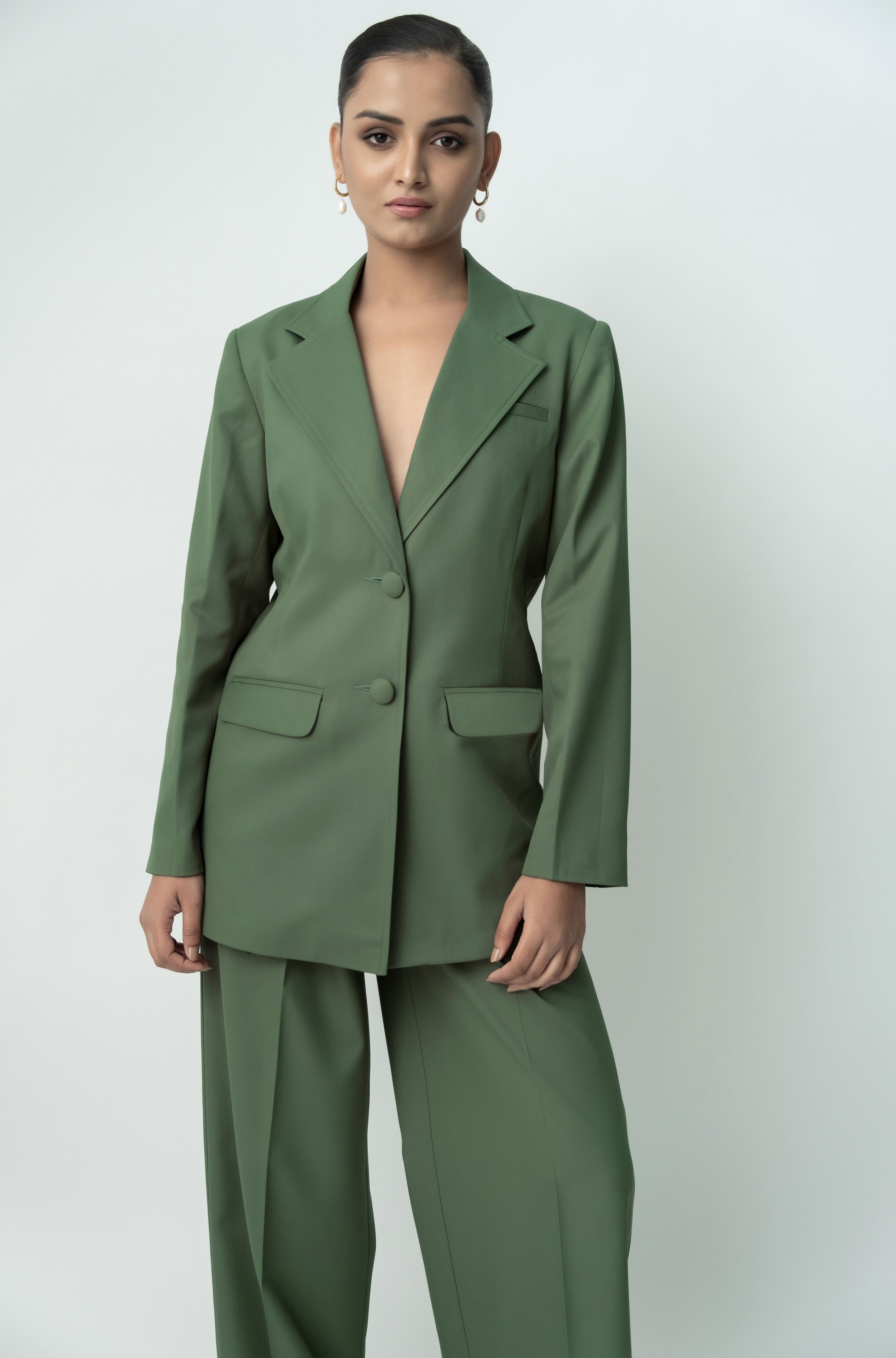 Basil Green Polyster Viscose Oversized Tailored Blazer – Qua
