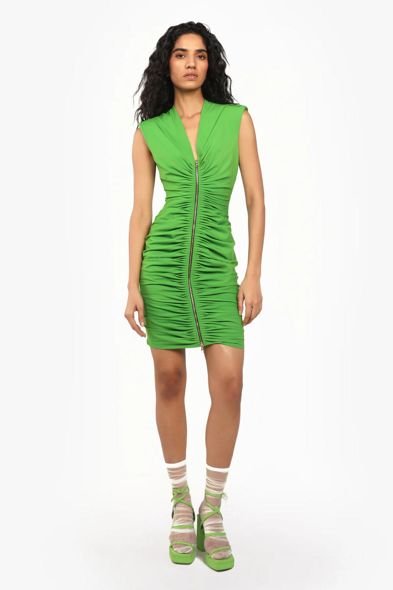 Green Flash Zip-Up Pleated Dress Qua Green Flash Zip-Up Pleated Dress Qua
