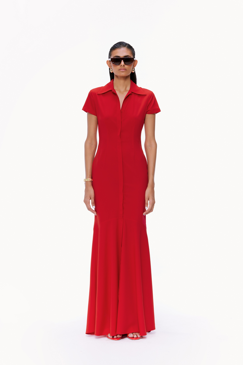 Scarlet Red Fluted Button-Down Dress Qua Scarlet Red Fluted Button-Down Dress Qua