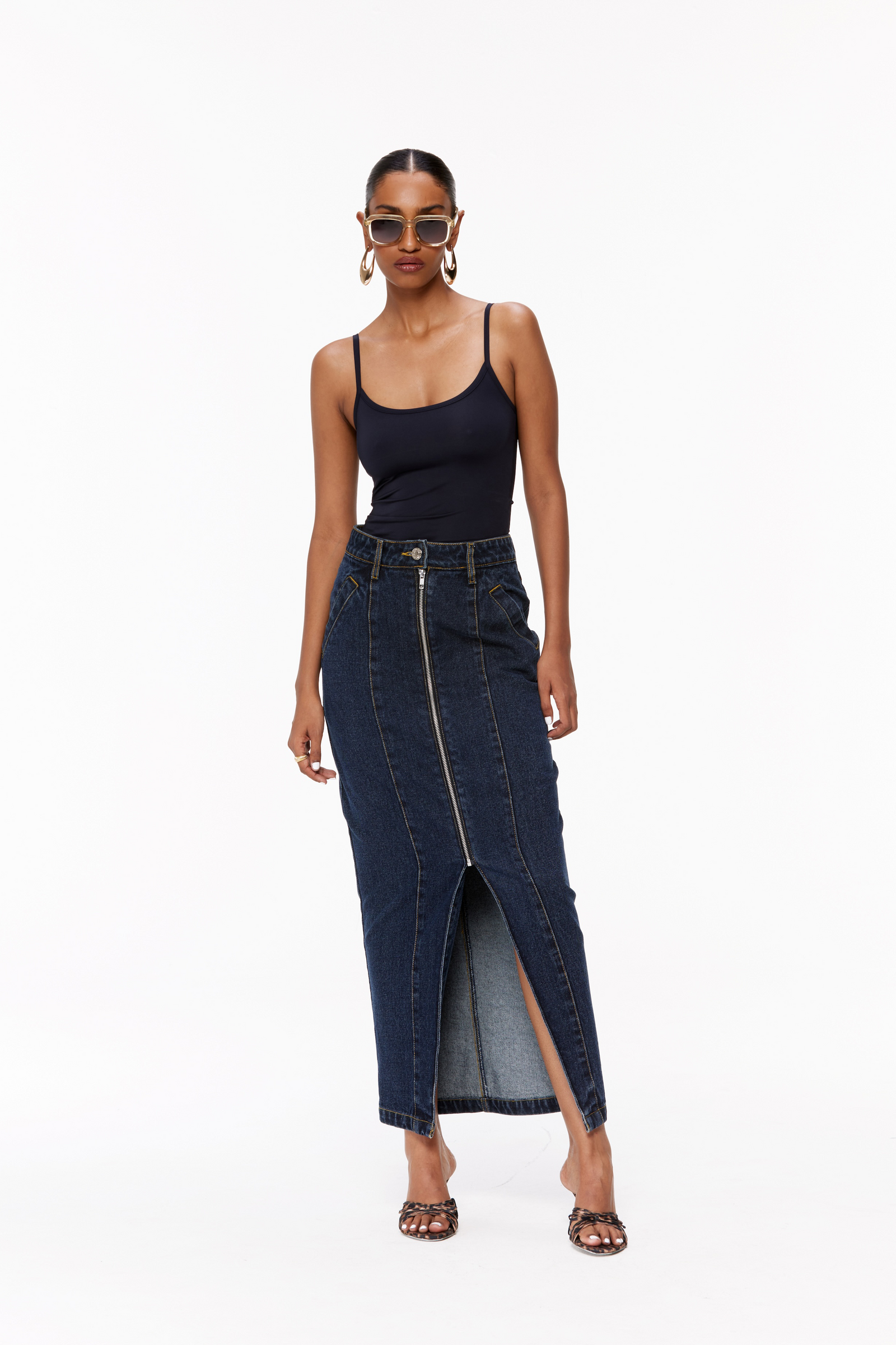 Dark Wash Blue Denim Zip-Up Denim Skirt – Qua