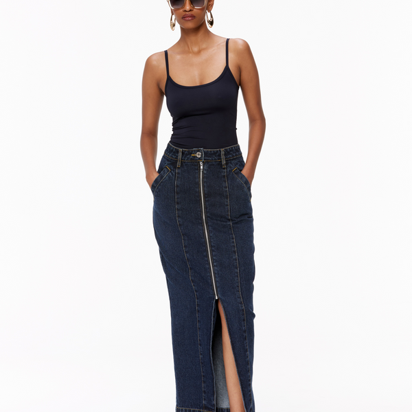 Dark Wash Blue Denim Zip-Up Denim Skirt – Qua