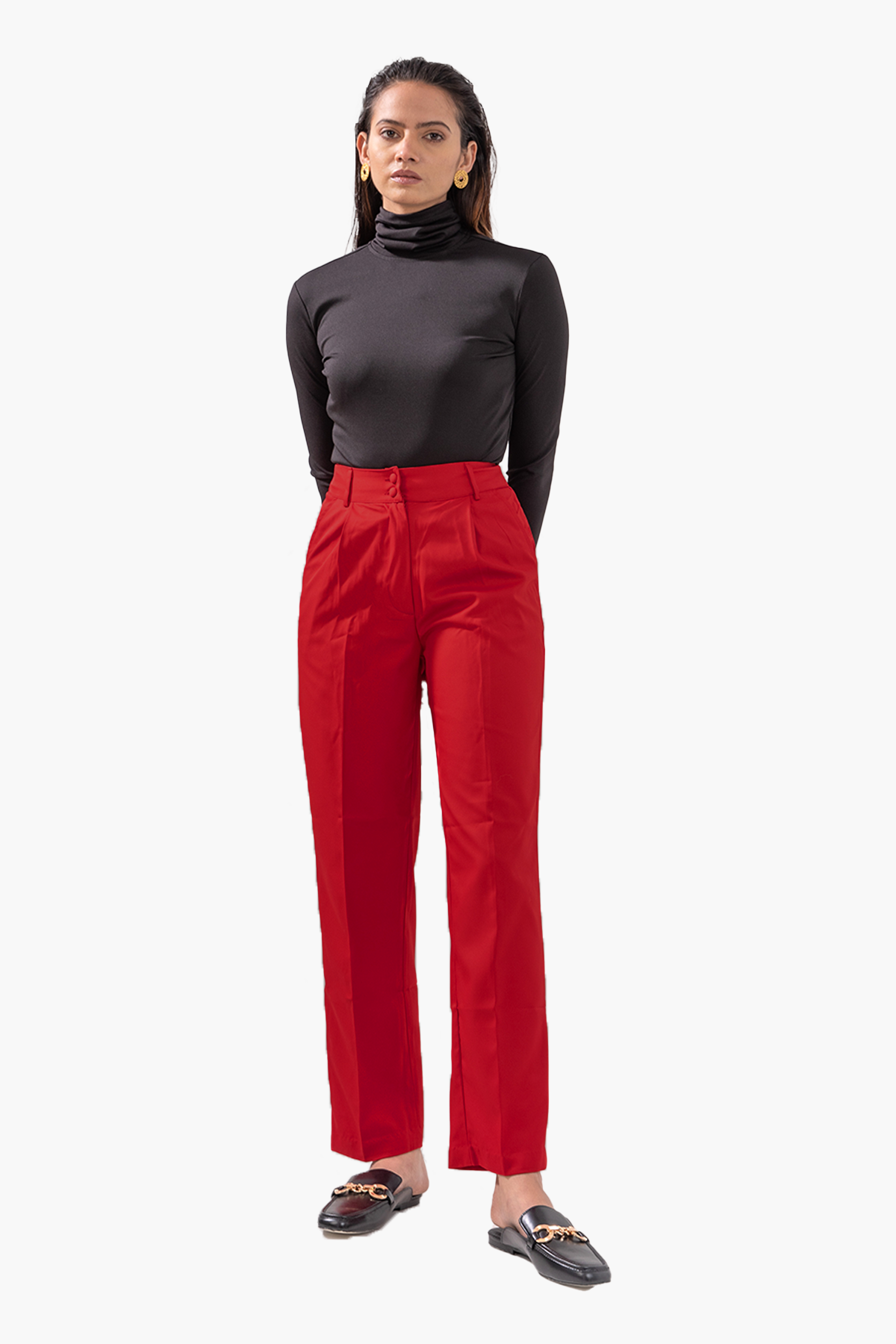 Straight Trousers with Button Front in Red