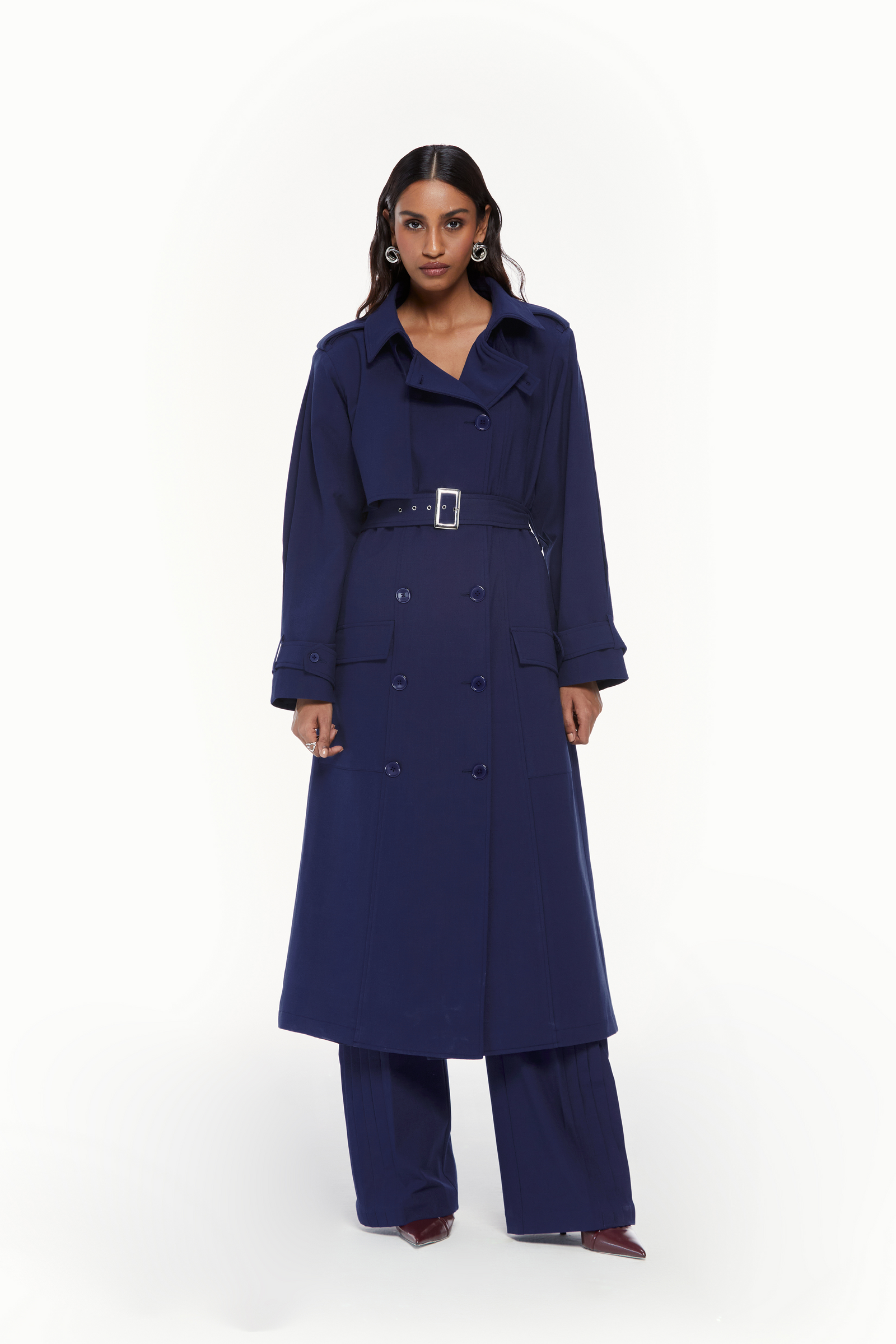 DOUBLE SHADE TRENCH COAT(－) Midnight Blue Double-Breasted Trench Coat – Qua