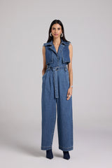 Denim Belted Trench Jumpsuit