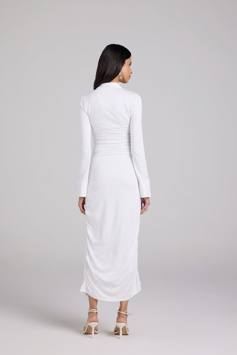ruched shirt dress white Marion White Ruched Mini Shirt Dress