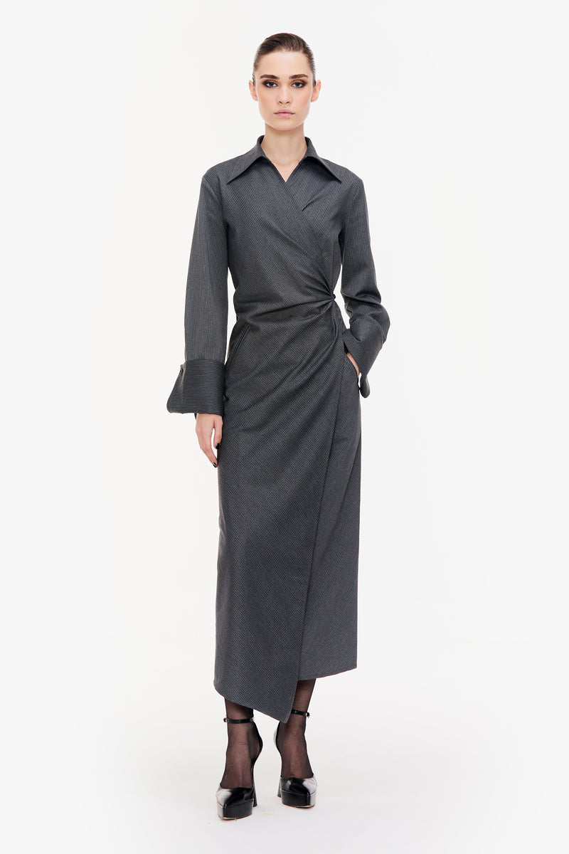 Charcoal Grey Pinstripe Angular Hem Wrap Dress – Qua Charcoal Grey Pinstripe Angular Hem Wrap Dress – Qua