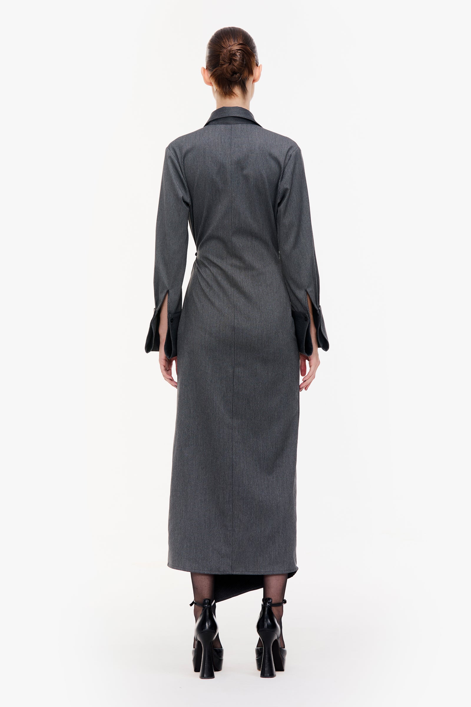 Charcoal Grey Pinstripe Angular Hem Wrap Dress – Qua