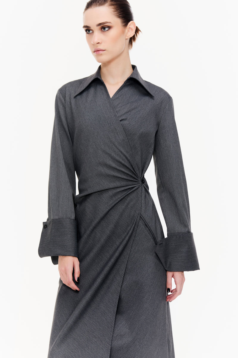 Charcoal Grey Pinstripe Angular Hem Wrap Dress – Qua