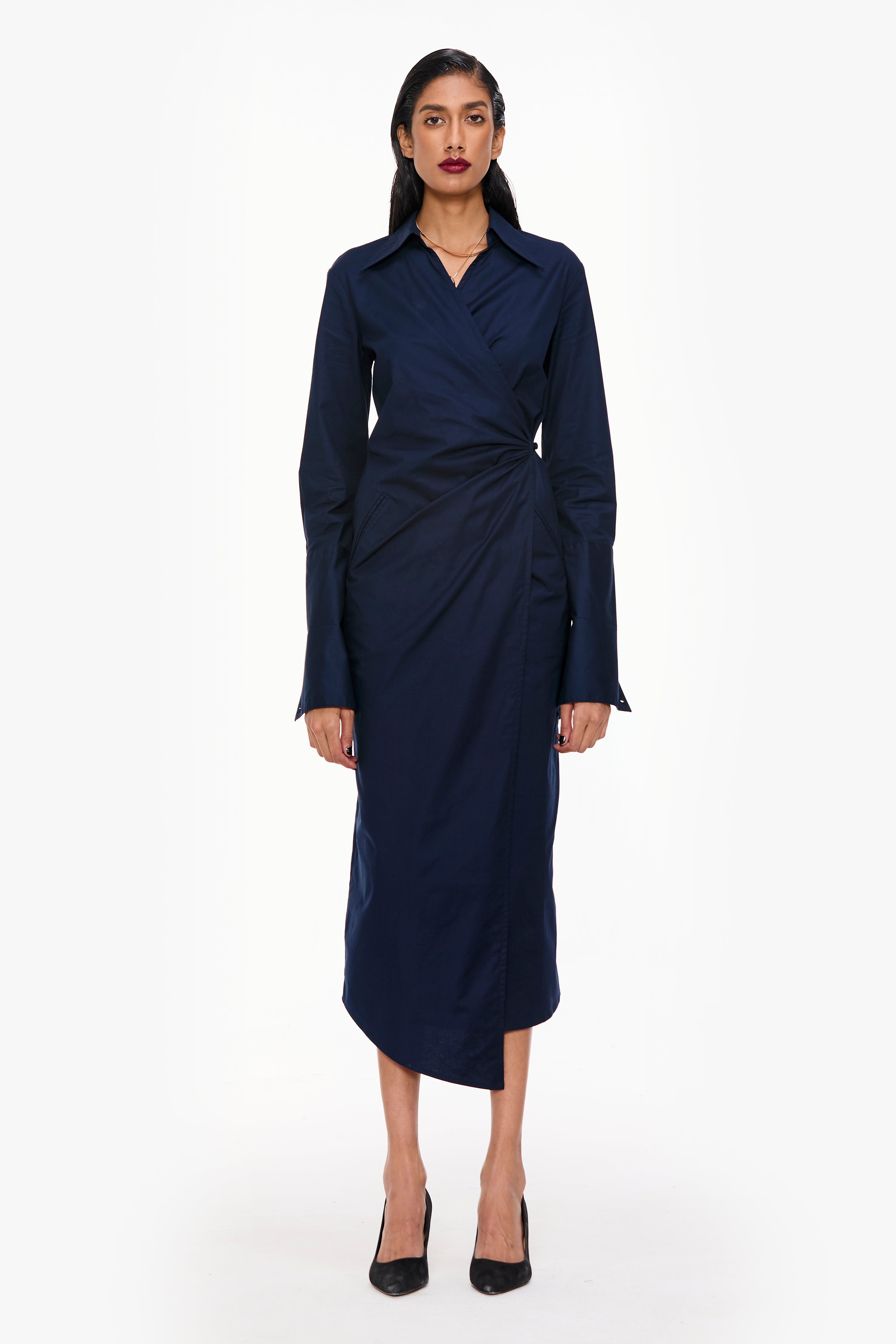 Navy Blue Angular Hem Wrap Dress – Qua