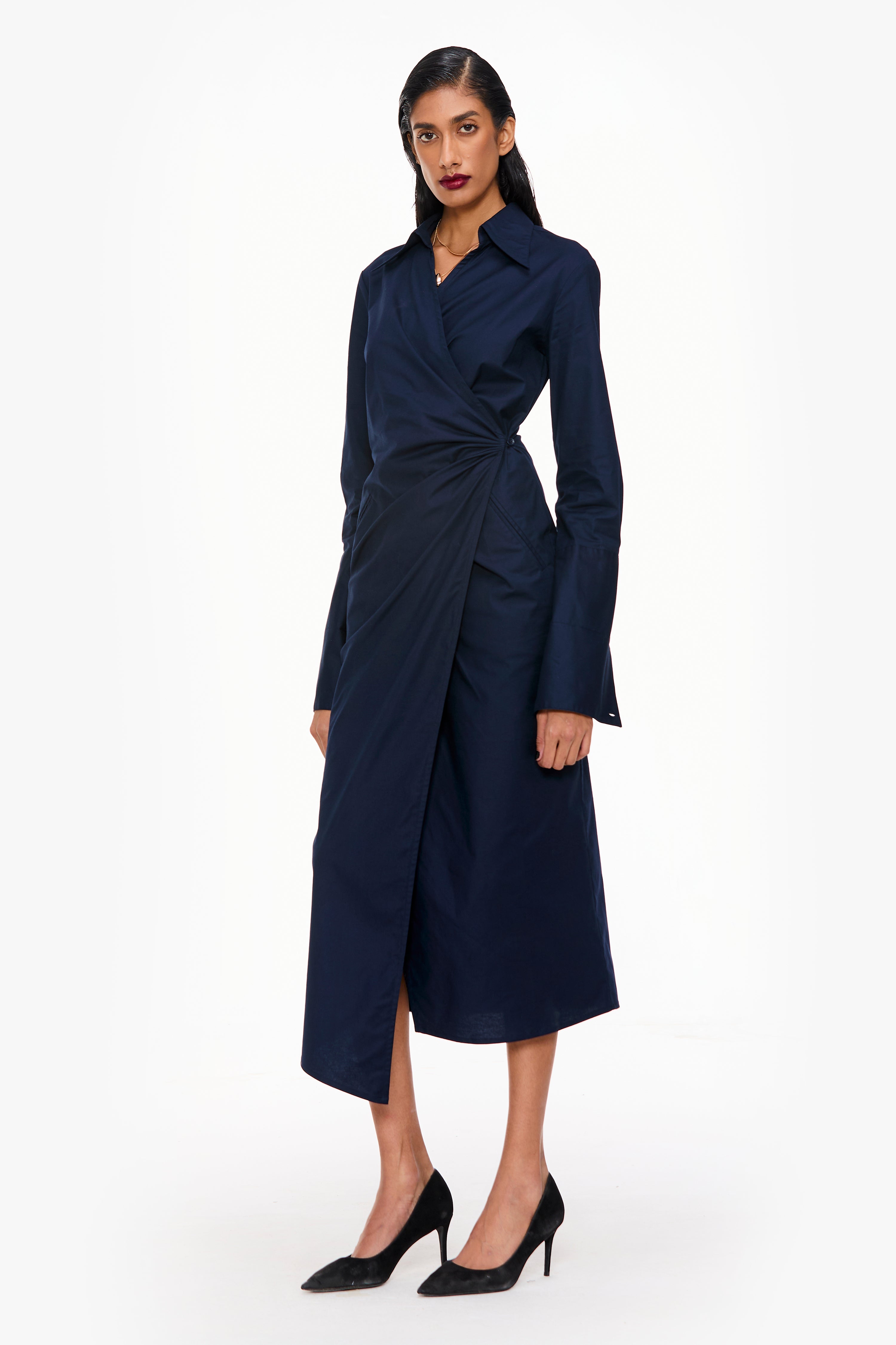 Navy Blue Angular Hem Wrap Dress – Qua