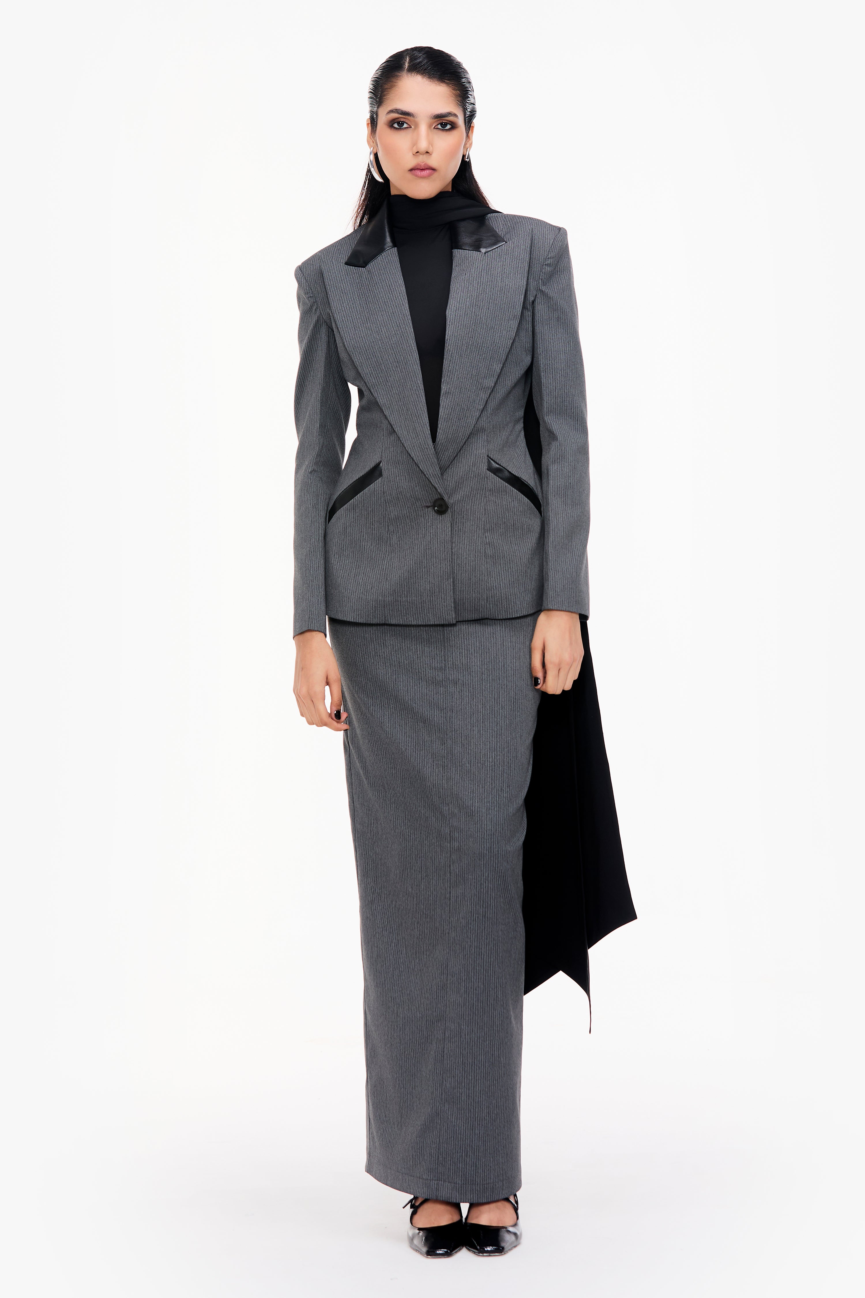 Charcoal Grey Pinstripe Single-Breasted Column Skirt Suit – Qua