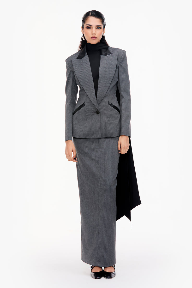 Charcoal Grey Pinstripe Single-Breasted Column Skirt Suit Qua Charcoal Grey Pinstripe Single-Breasted Column Skirt Suit Qua