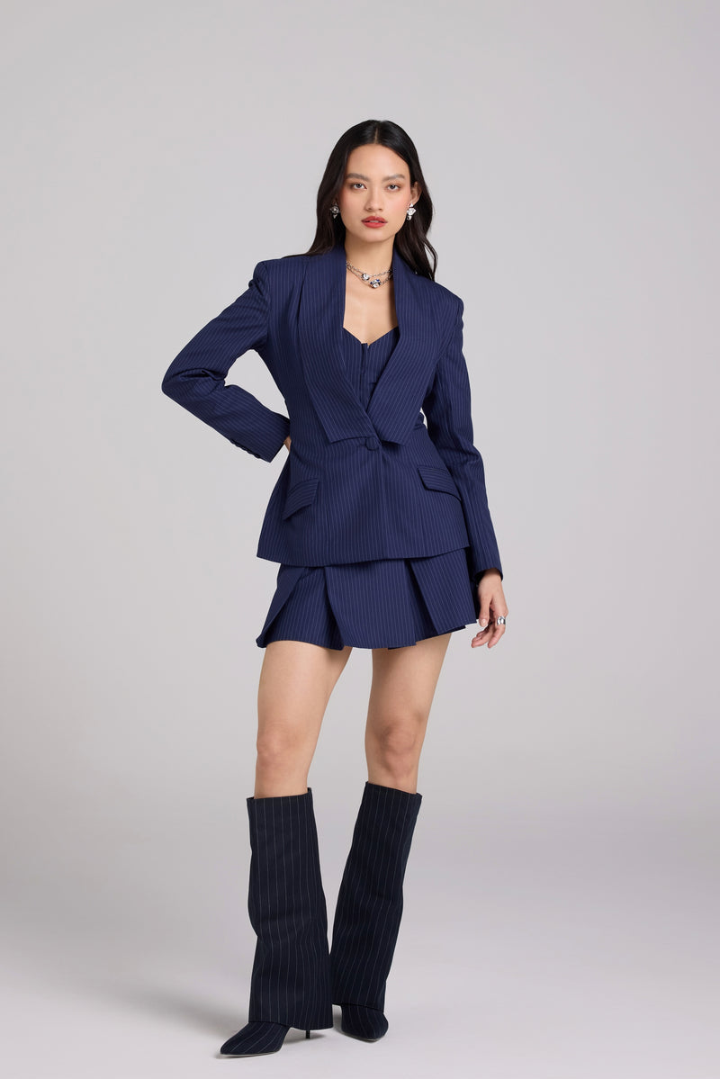 Indigo Pinstripe Skirt Suit