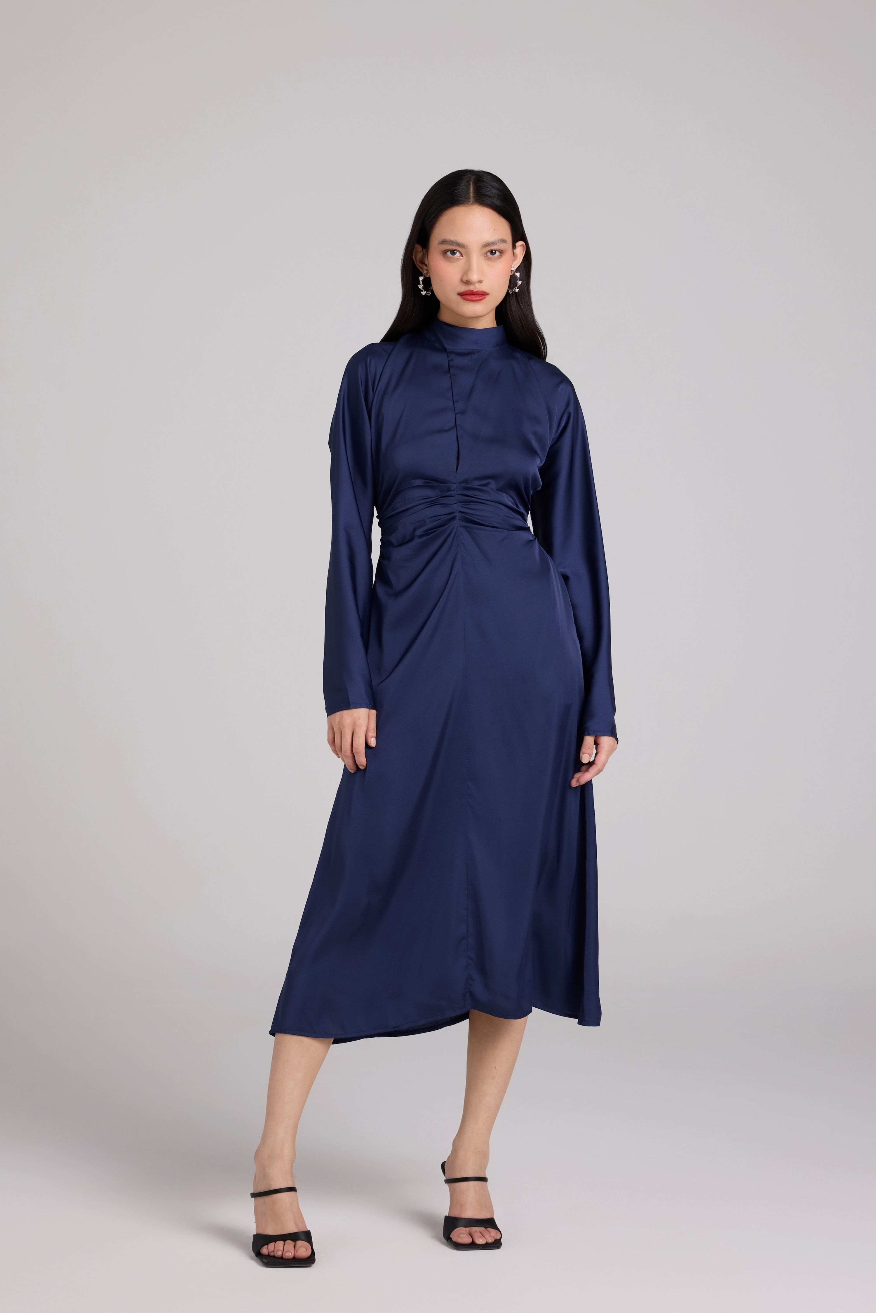 Midnight Blue Fluid Satin Midi Dress – Qua