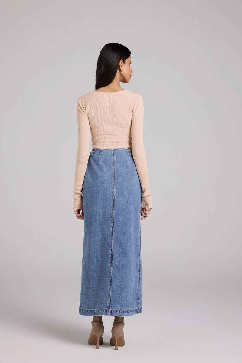 Denim Wrap Column Skirt