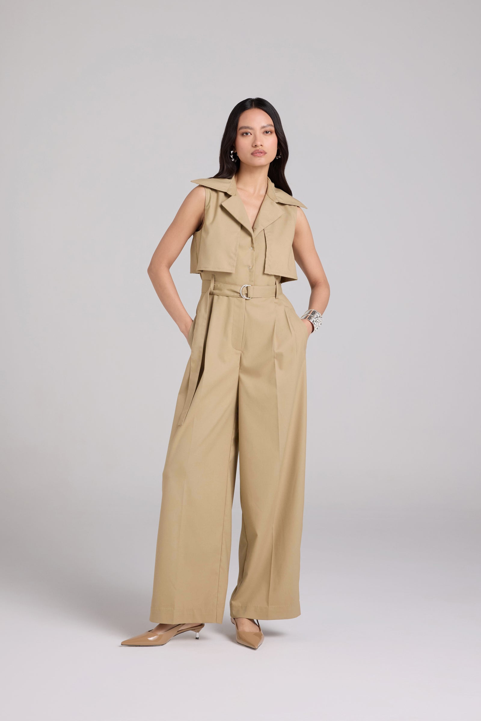 Medium Beige Belted Trench Jumpsuit – Qua