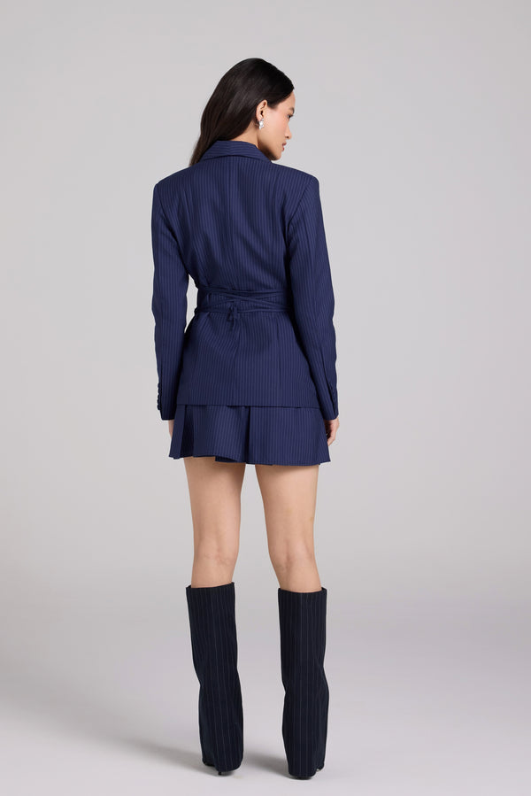 Indigo Pinstripe Skirt Suit