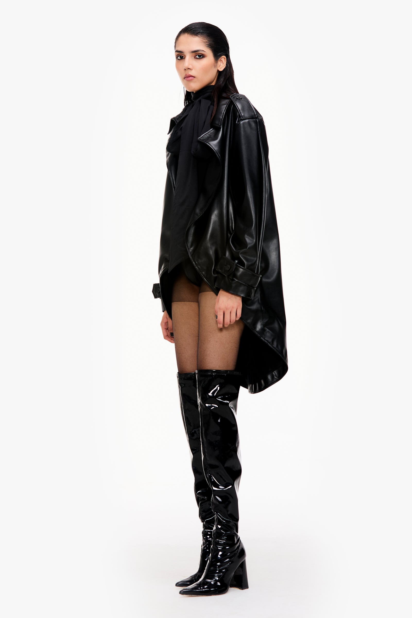Caviar Black Curved Hem Faux Leather Jacket – Qua