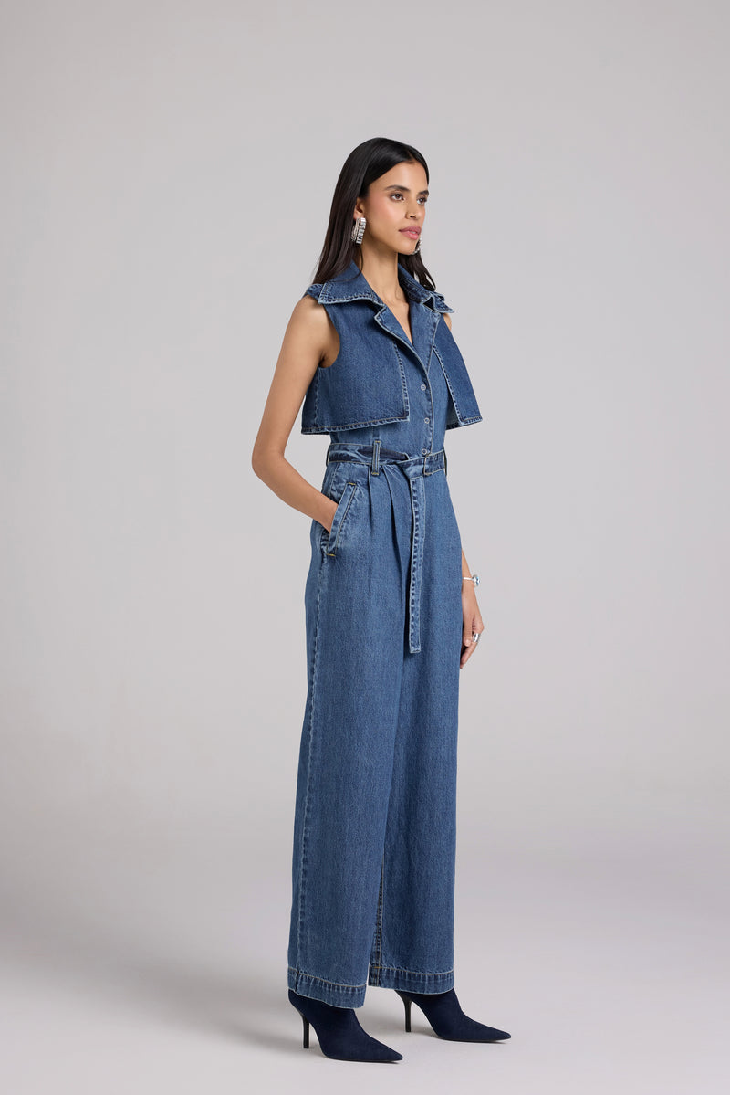 Denim Belted Trench Jumpsuit