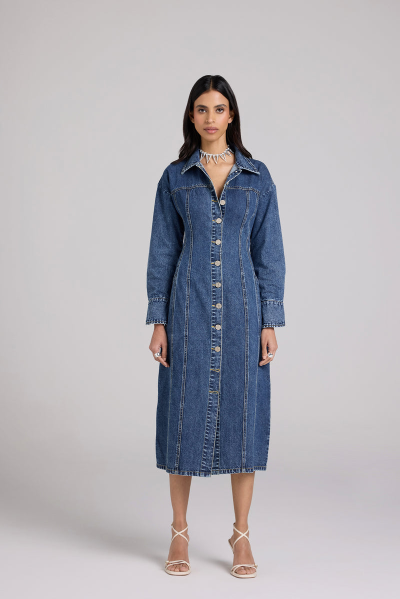 Mid Blue Sculpted Denim Midi Dress Qua Mid Blue Sculpted Denim Midi Dress Qua