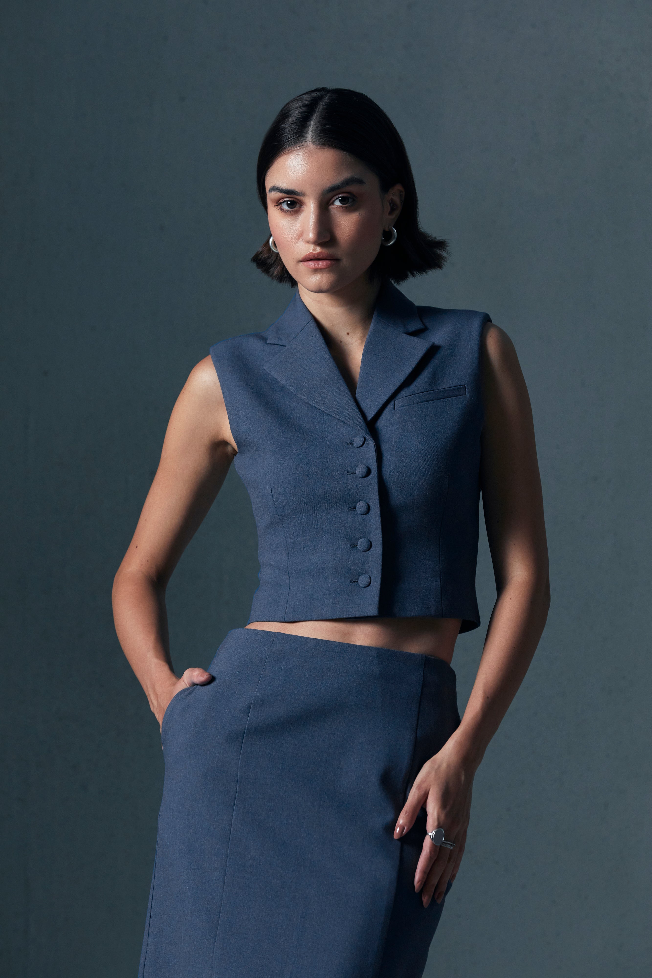 Button Qua Dusted Blue Button-up Tailored Waistcoat – Qua
