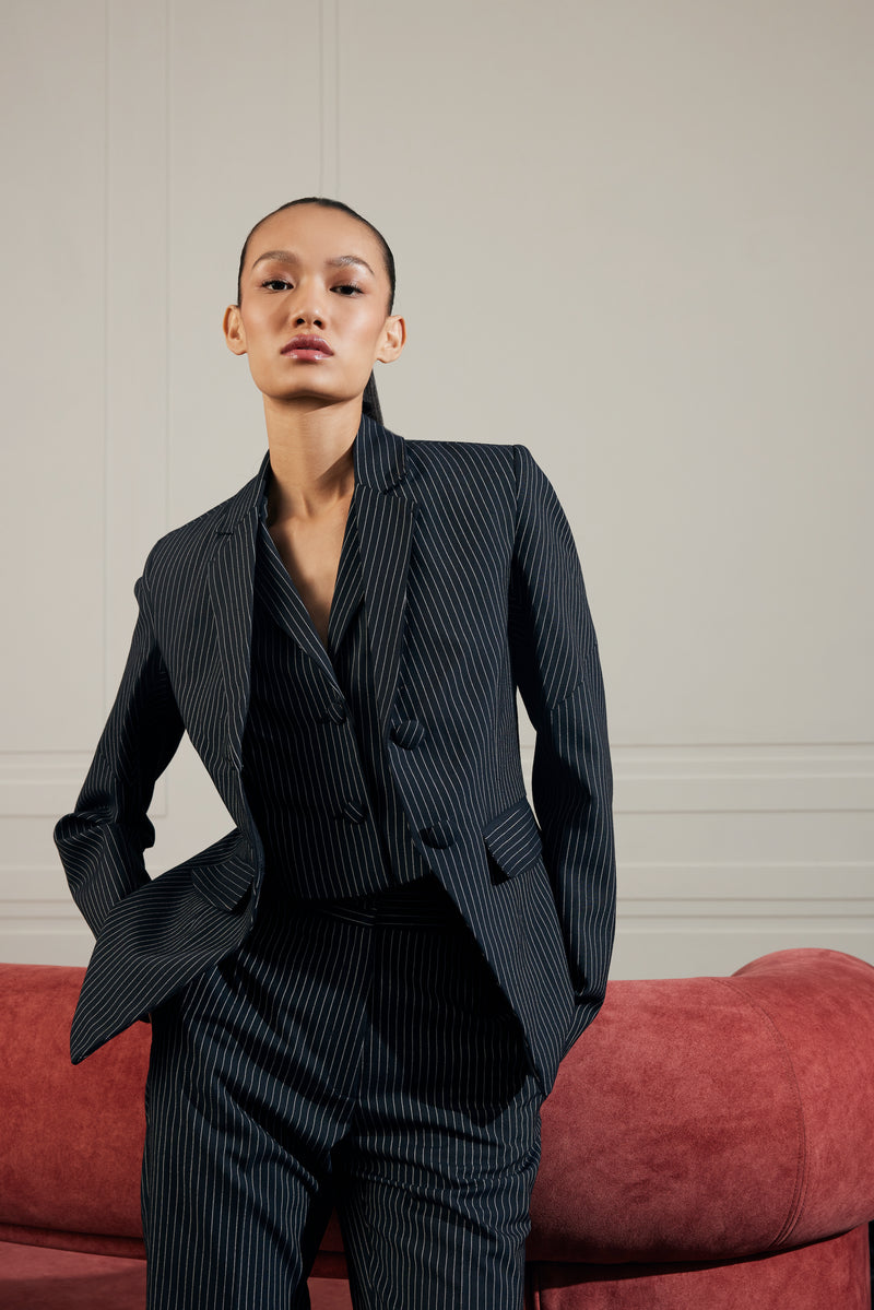 Pinstripe Belted Tailored Blazer