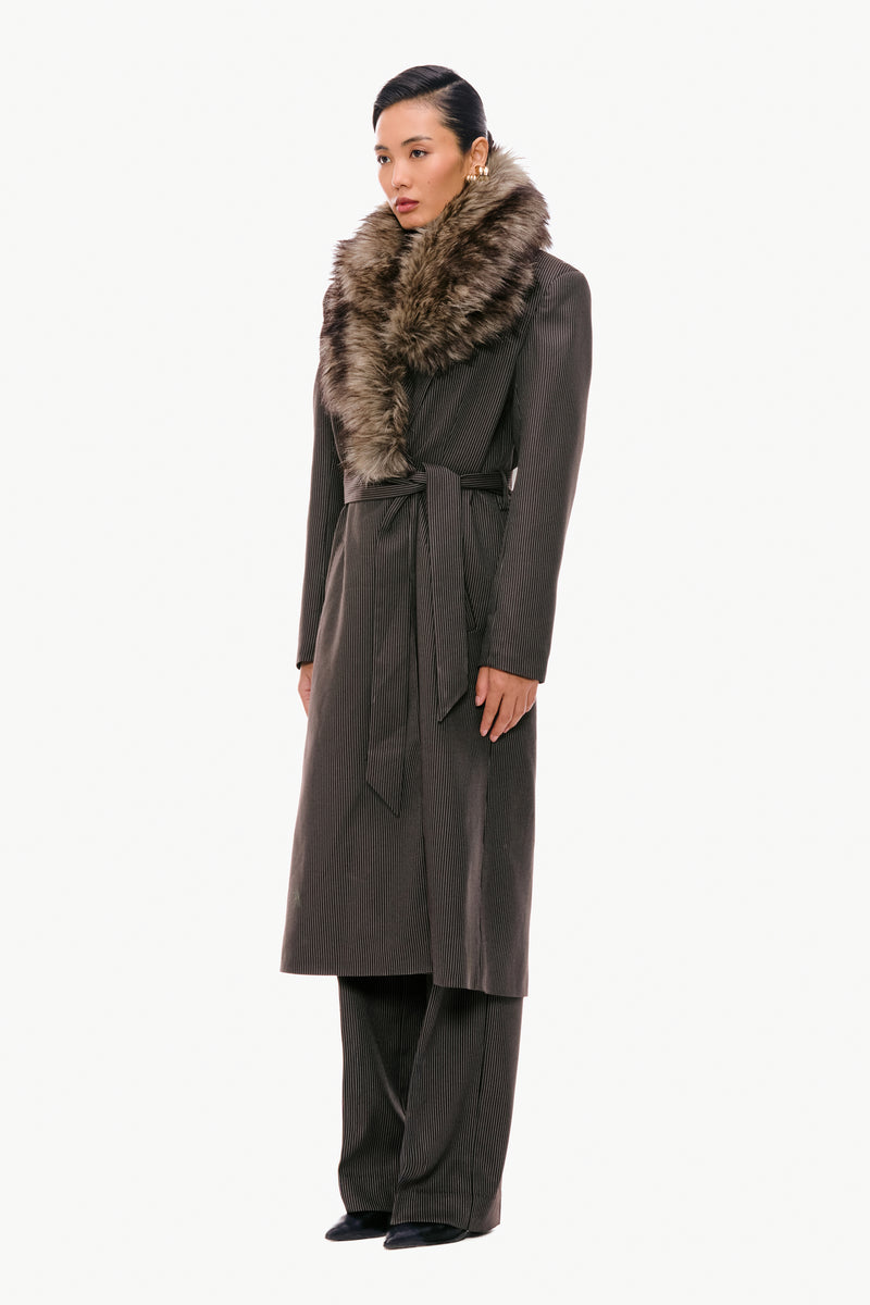 Modular Furs Espresso Pinstripe & Tipped Brown Faux Fur Modular Fur-Trimmed Coat – Qua