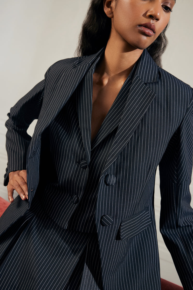 Pinstripe Belted Tailored Blazer