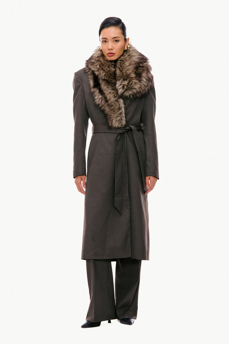 Modular Furs Espresso Pinstripe & Tipped Brown Faux Fur Modular Fur-Trimmed Coat – Qua