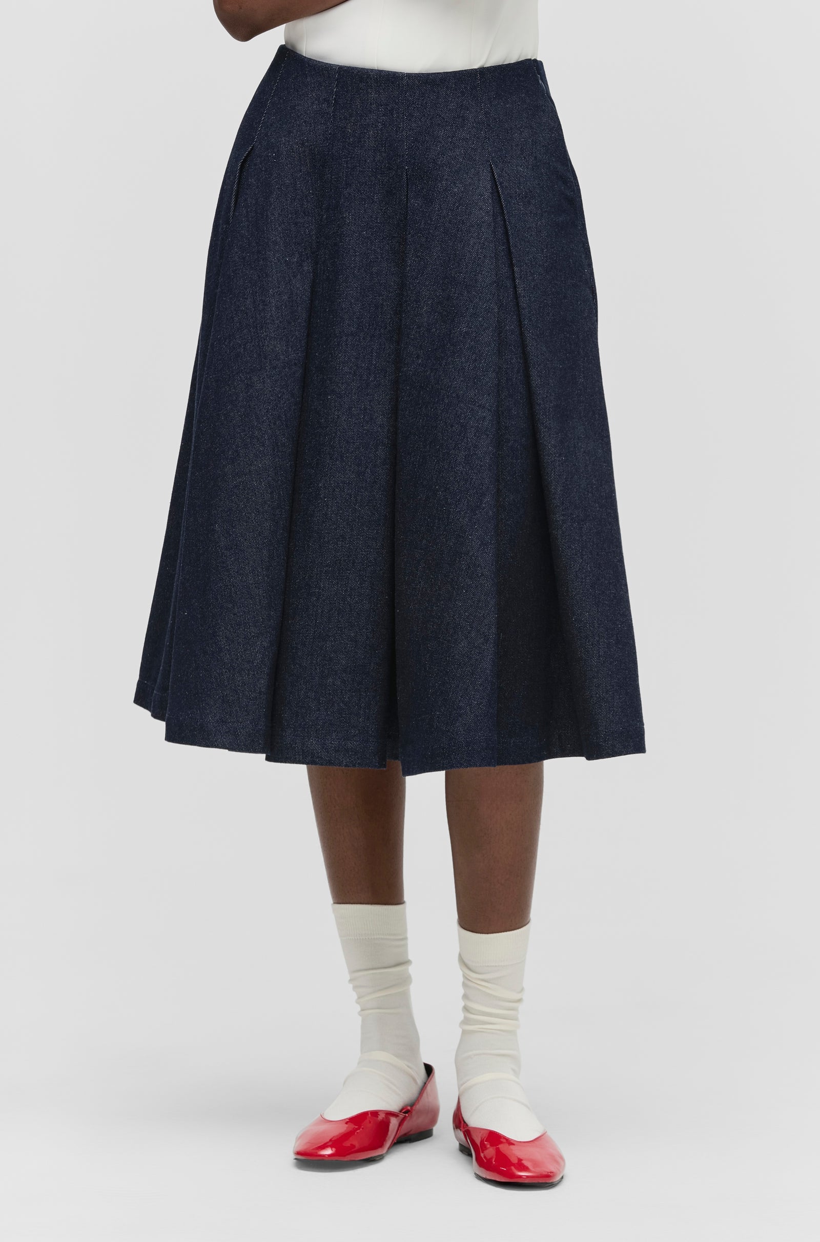 Pleated Denim Skirt in Dark Indigo