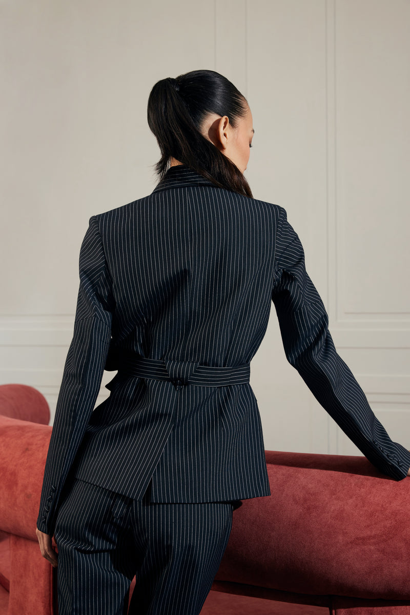 Pinstripe Belted Tailored Blazer