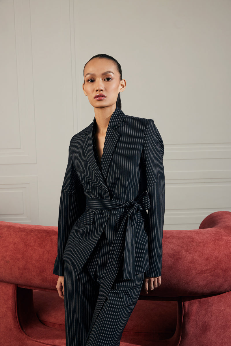 Pinstripe Belted Tailored Blazer