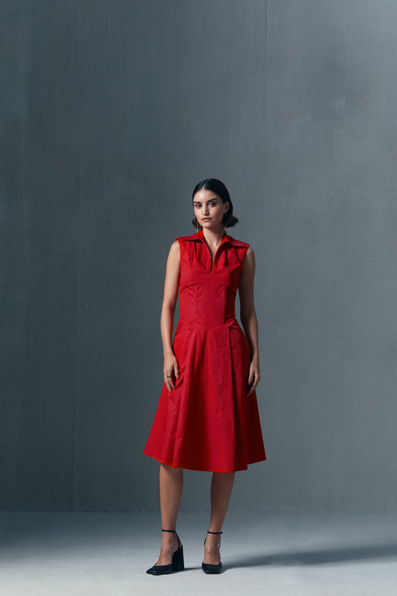 Crimson Red Hourglass Poplin Midi Dress Qua Crimson Red Hourglass Poplin Midi Dress Qua