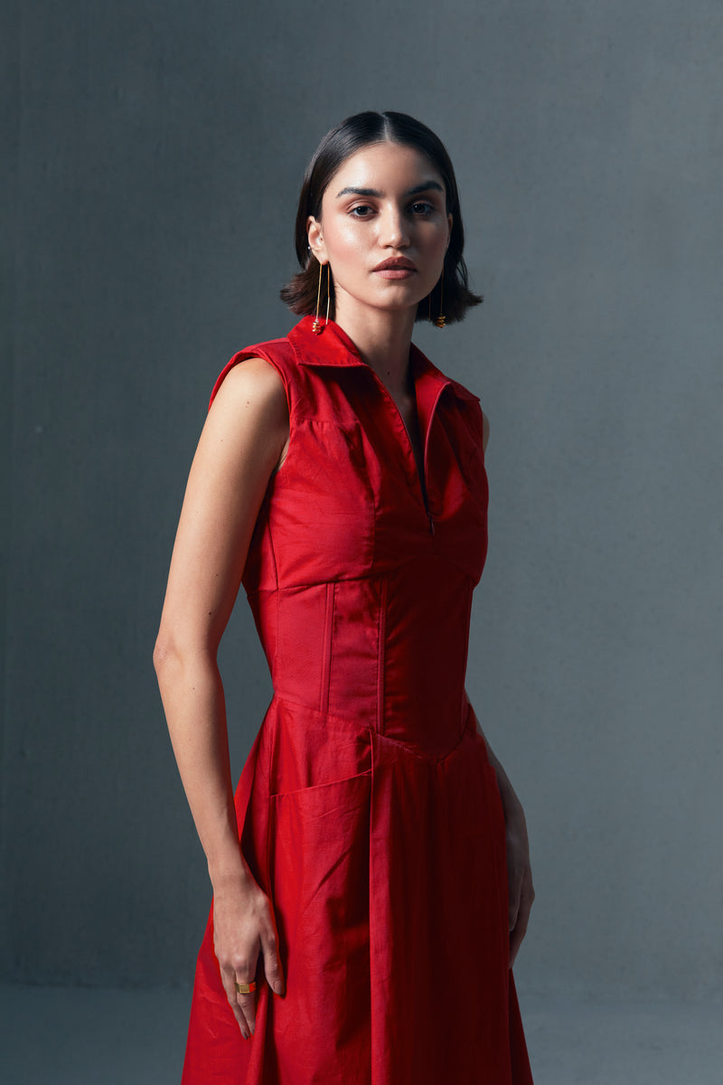 Crimson Red Hourglass Poplin Midi Dress Qua Crimson Red Hourglass Poplin Midi Dress Qua