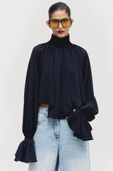 Smocked Twill Cropped Blouse