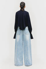 Smocked Twill Cropped Blouse