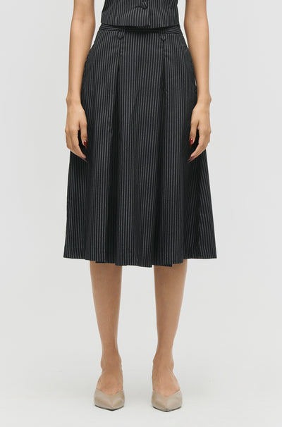 Pinstripe Pleated Midi Skirt