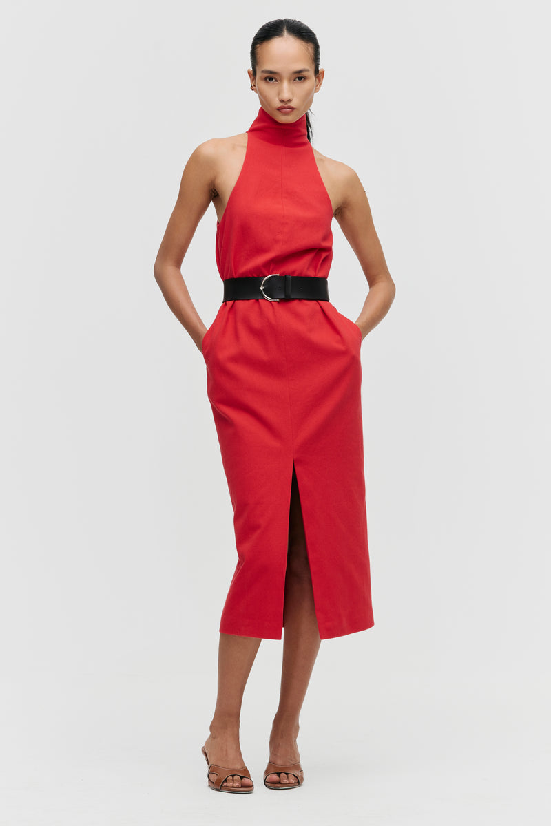 belted halter dress Camille Black Halter Belted Midi Dress