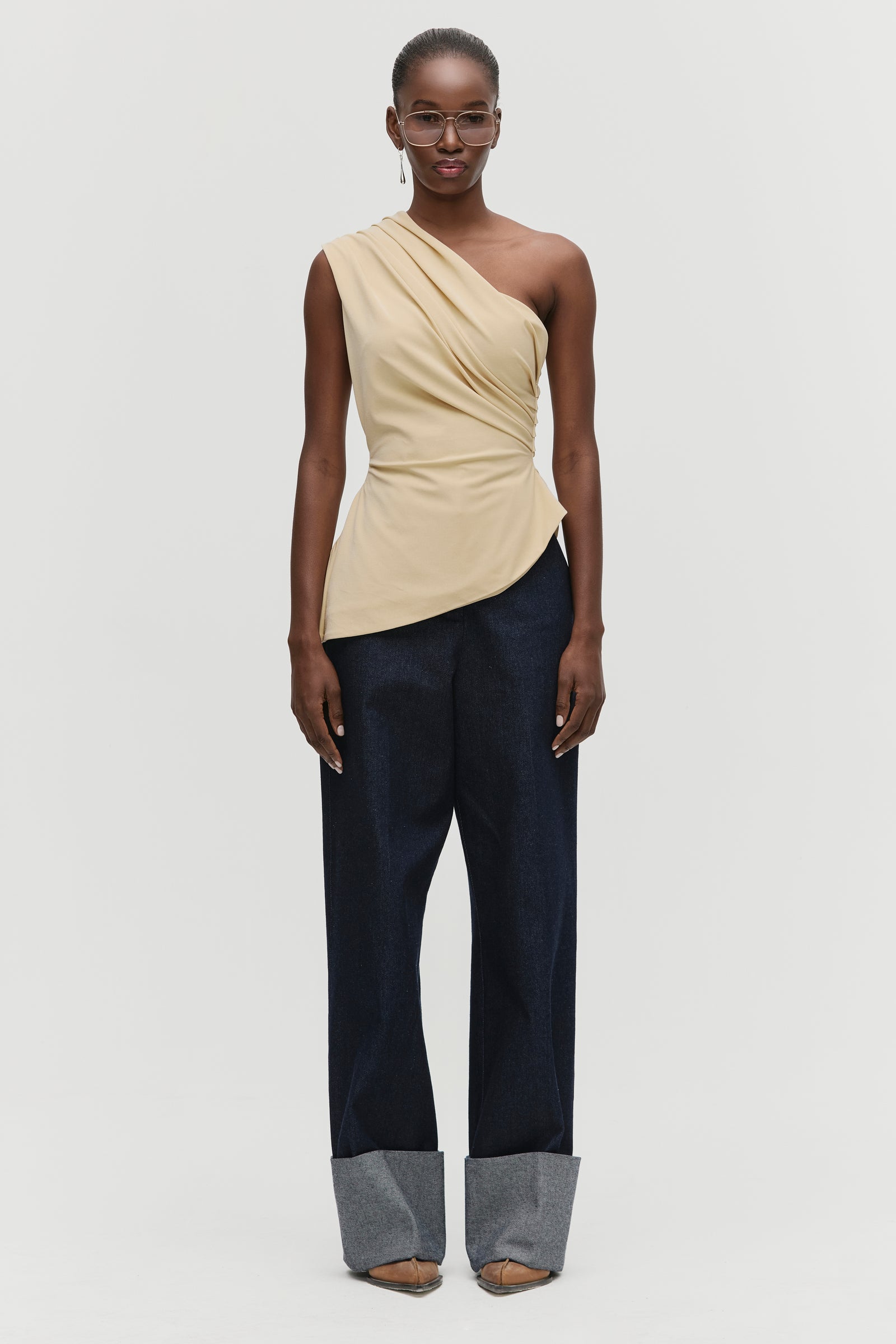 Latte Beige Draped Off-Shoulder Top – Qua
