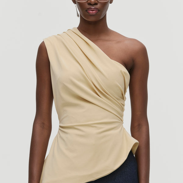 Latte Beige Draped Off-Shoulder Top – Qua