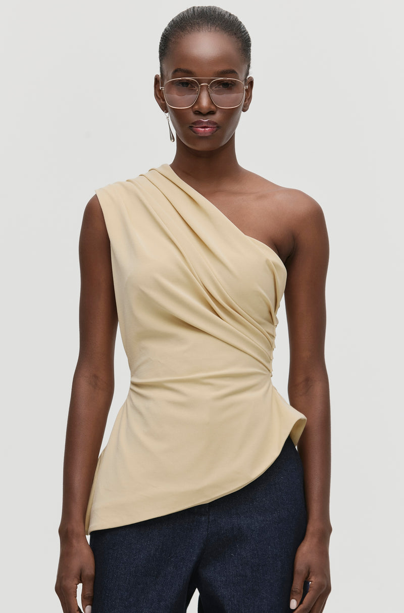 Latte Beige Draped Off-Shoulder Top – Qua