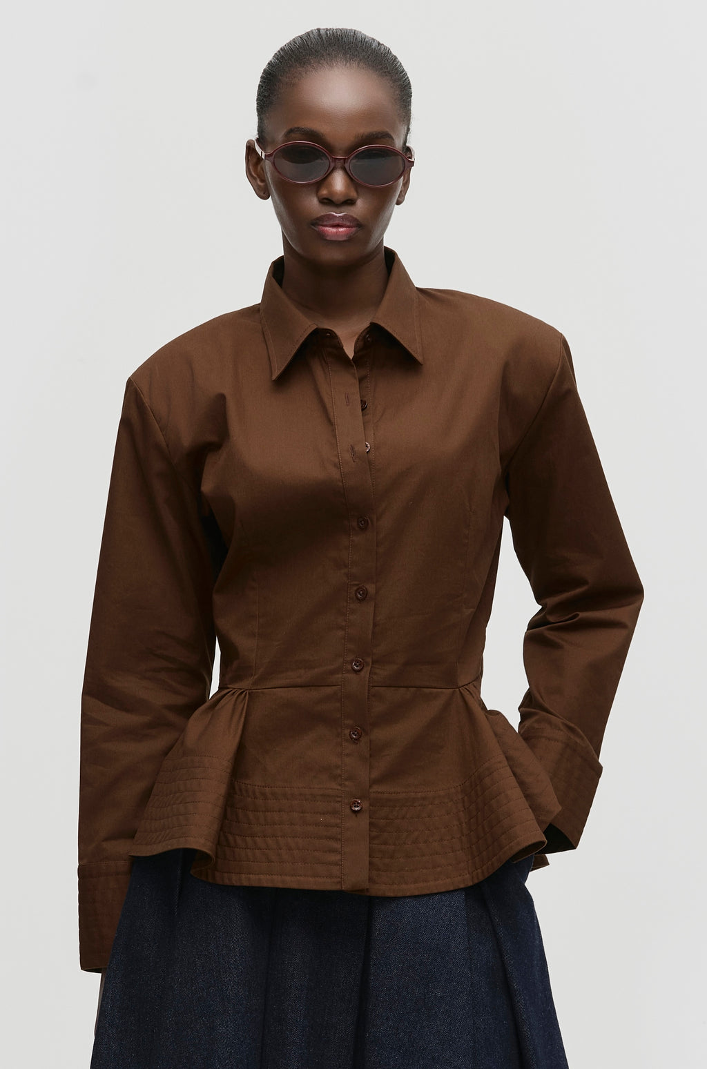Terracotta Brown Tailored Peplum Shirt – Qua