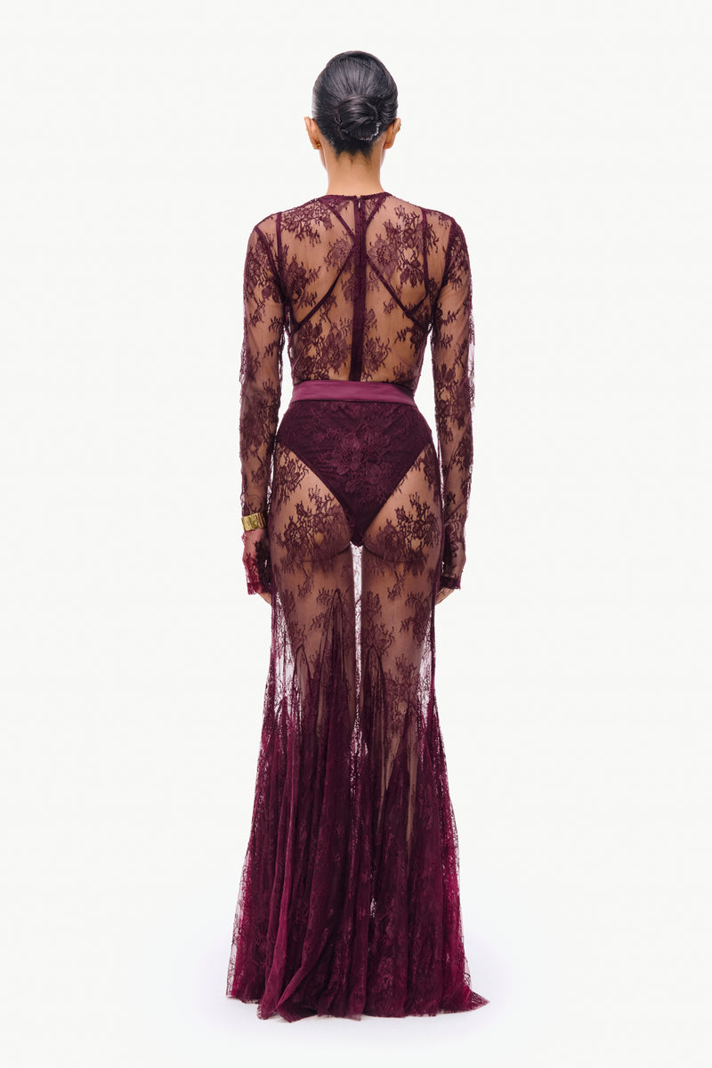 Bordeaux Red Lace Godet Skirt  Qua