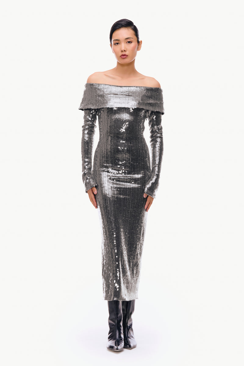 Mercury Silver Off-Shoulder Sequin Dress – Qua Mercury Silver Off-Shoulder Sequin Dress – Qua