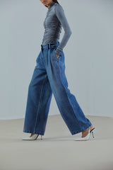 Wide-Leg Pleated Jeans